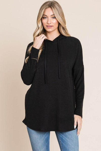 BOMBOM Contrast Drawstring Drop Shoulder Knit Hoodie - Ink Wave Creations