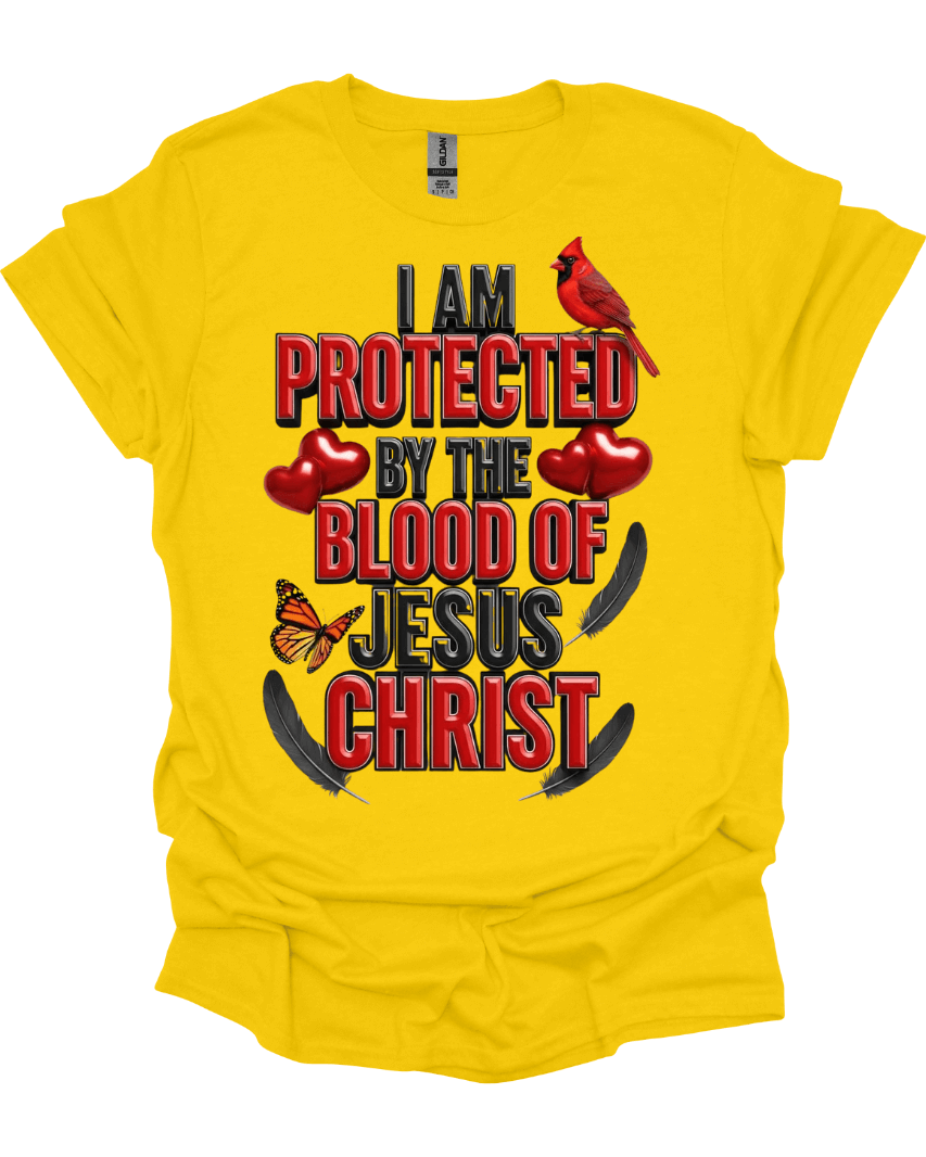 Yellow Protected by the Blood of Jesus Graphic Teewith religious text and graphics on a white background