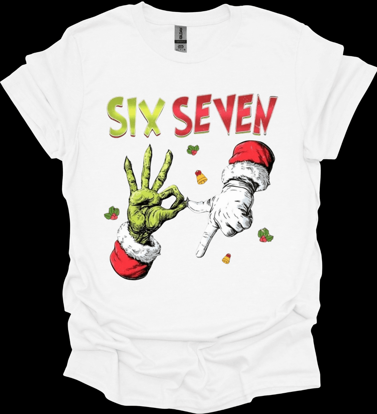 White t-shirt with 'Six Seven' text and graphic design on a black background