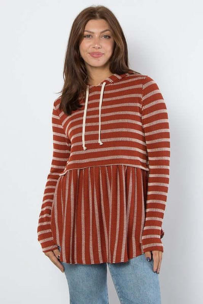  Full Size Drawstring Striped Babydoll Hoodie